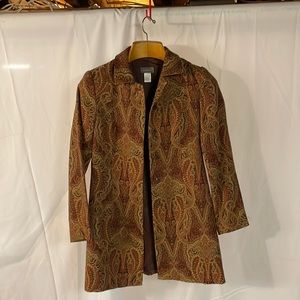 Kenar brown/tan/rust paisley print duster. Above the knee length.